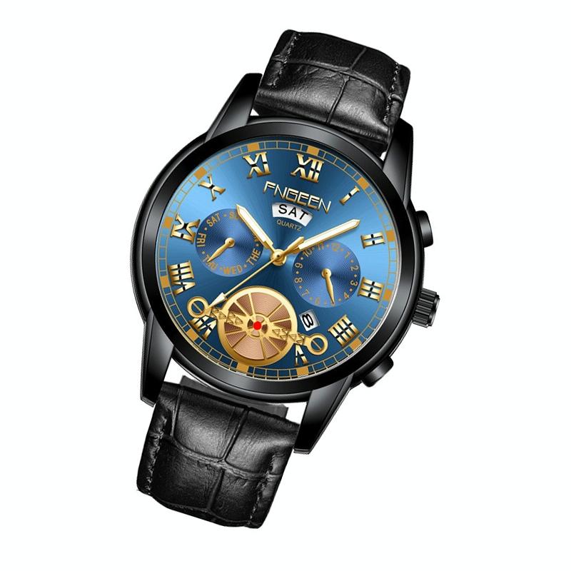 Men Multi-Function Quartz Watch With Black Leather Strap And Blue Dial-1915197199898251265