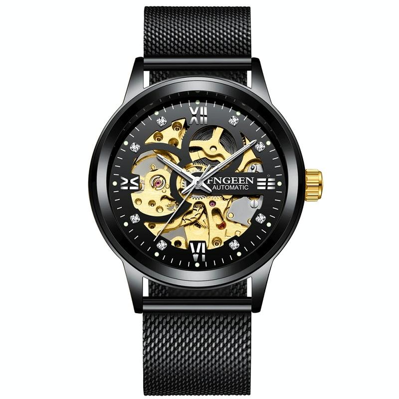 Waterproof Luminous Diamond Mechanical Watch With Double-Sided Hollow Design And Black Mesh Strap-1915196519347261440