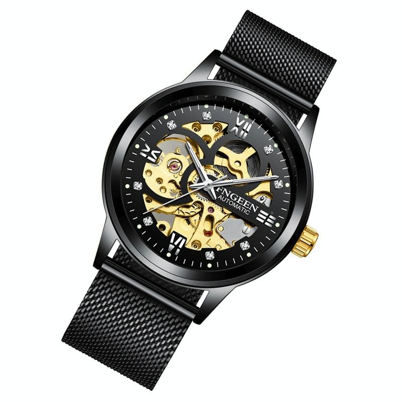 Waterproof Luminous Diamond Mechanical Watch With Double-Sided Hollow Design And Black Mesh Strap-1915196519347261441