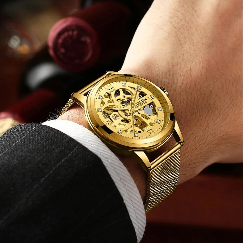 Waterproof Luminous Diamond Mechanical Watch With Double-Sided Hollow Design And Black Mesh Strap-1915196519347261446