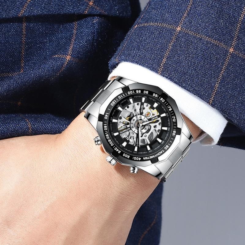 Stylish Men Automatic Mechanical Watch With Steel Band - Black-1915196695860350982