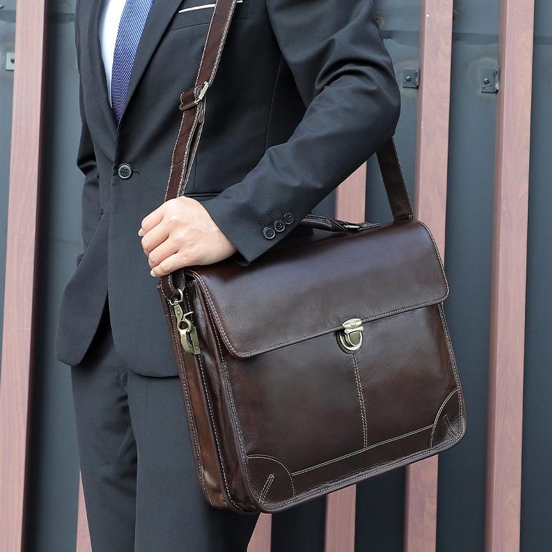 Retro Cowhide Leather Briefcase For 15.6 Laptop - Multifunctional - Coffee-1924671880376225797