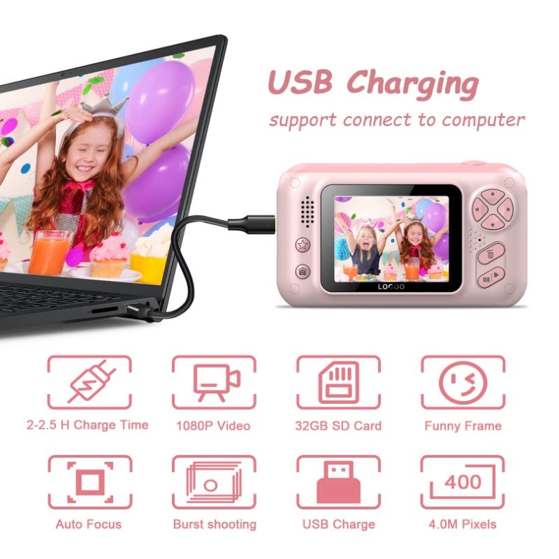 32Gb Memory Card & Card Reader Included With 2.4 Hd Reversible Kids Camera - Pink-1915197182672244738