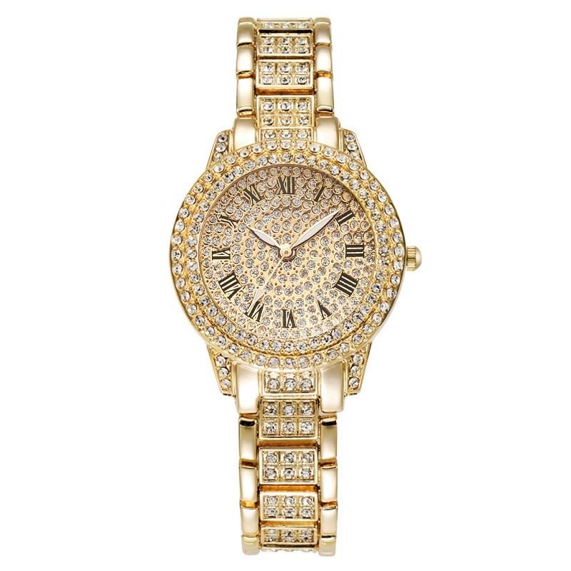 Gold Full Diamond Roman Steel Strap Quartz Watch-1915198345085849600
