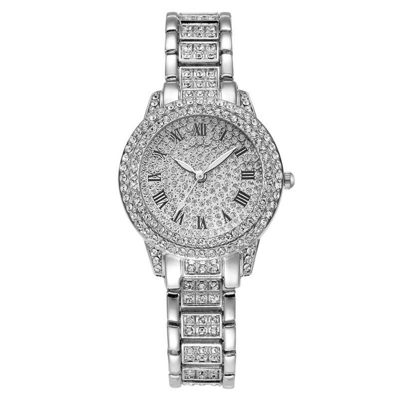Silver Full Diamond Roman Steel Strap Quartz Watch-1915197690787008512