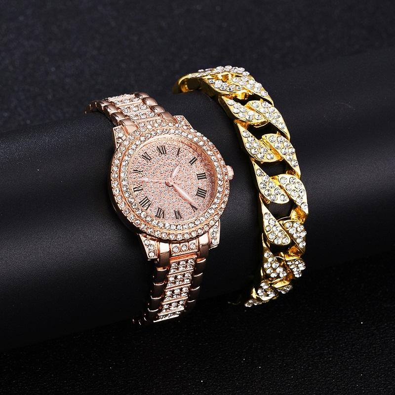 Roman Steel Quartz Watch With Full Diamond Strap & Rose Gold Bracelet-1915197646956531717