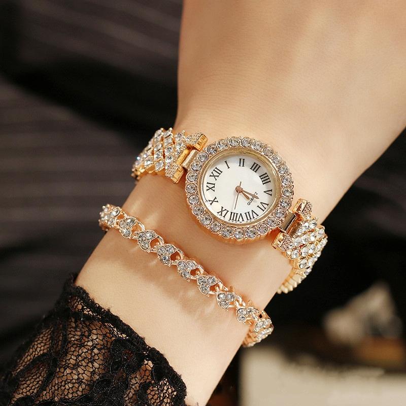 Gold Roman Diamond Women Quartz Watch - Elegant Design-1915198290199187460