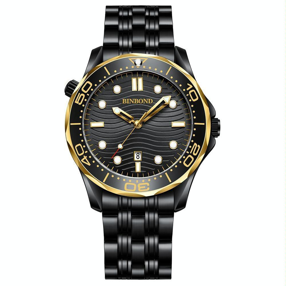 30M Waterproof Men Quartz Watch - Black Steel With Inter-Gold Accents And Luminous Dial-1915197165341380608
