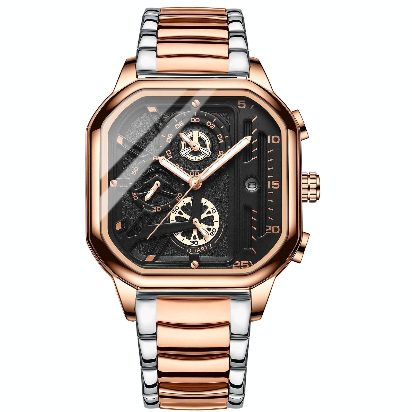 Waterproof Luminous Square Quartz Watch In Rose Gold And Black-1915197186161905671