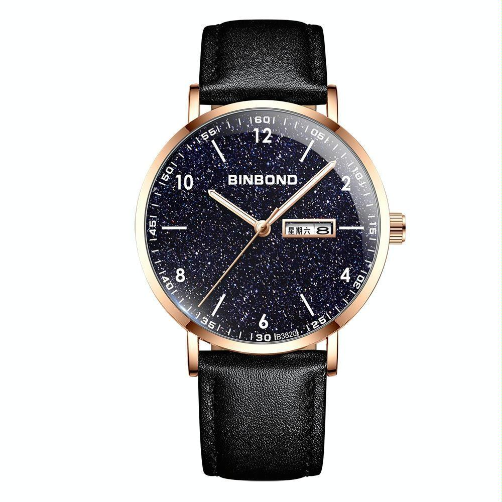 Waterproof Ultra-Thin Quartz Luminous Starry Watch With Black Leather And Rose Gold Accents-1915197434842189824