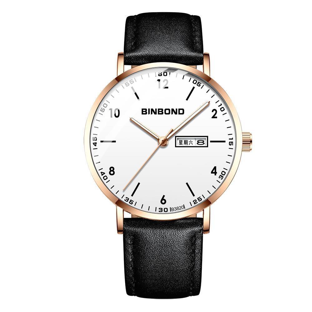 Waterproof Ultra-Thin Quartz Luminous Watch With Starry Design - Black Leather / Rose Gold / White - 30M-1915197464118431751