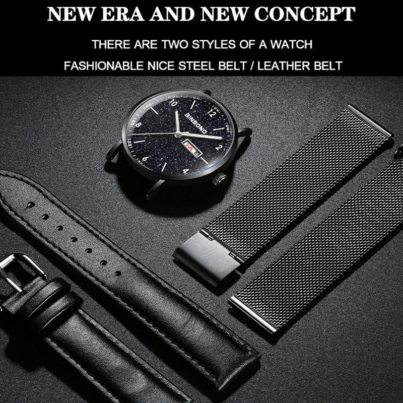 Waterproof Ultra-Thin Quartz Luminous Watch With Starry Design And Black Leather Strap-1915197190599479300
