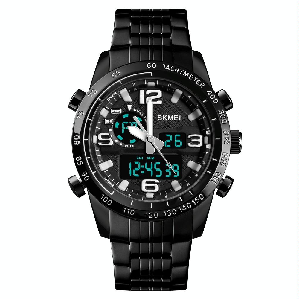Waterproof Dual Movement Men Watch With Steel Strap - Black-1915196874290237446