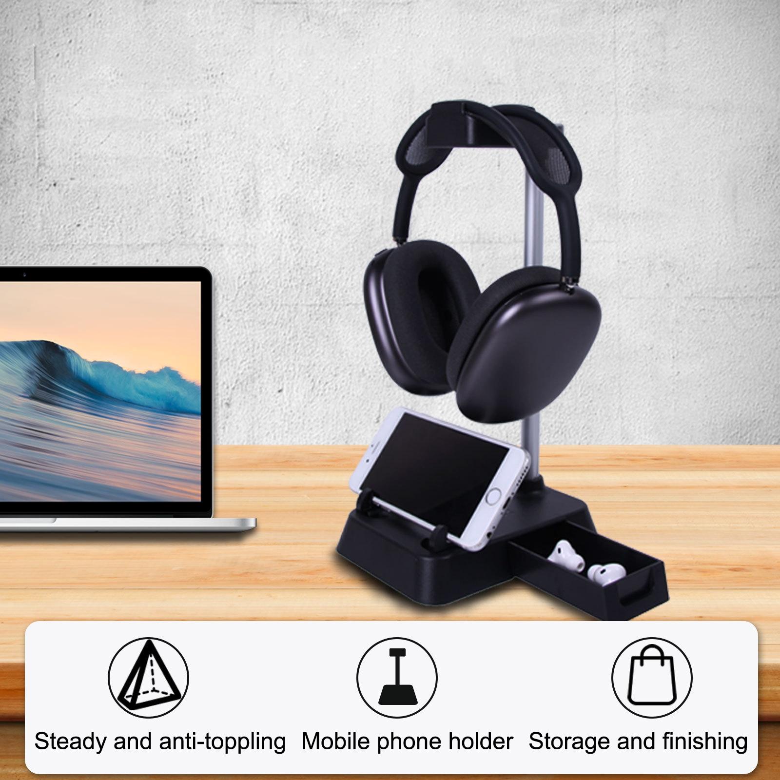 Max Hifylux Headphone Stand With Mobile Phone Holder And Storage Box - Black-1964932205193072648