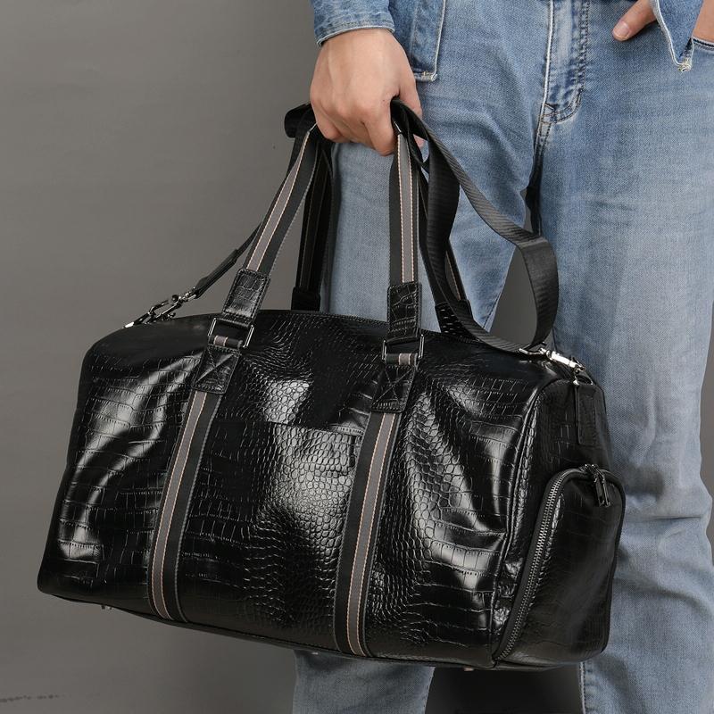 Multifunctional Leather Duffel Bag For Travel - Crocodile Print-1964932182657077251