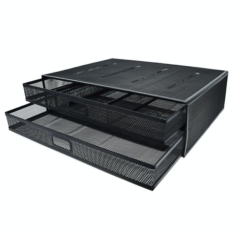 Double Iron Desktop Stand With Drawer For Height Increase And Storage - Black-1964932190563340294