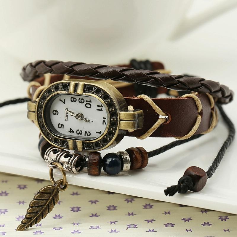 Vintage Leather Leaf Bracelet Watch - Brown-1915196896431968257
