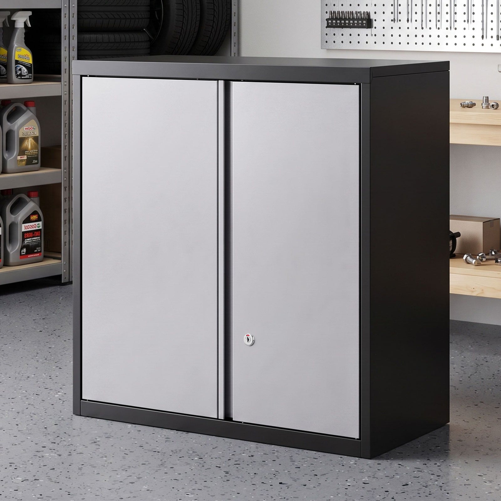 Giantz Steel Tool Cabinet Wall Mount Adjustable Shelf Garage Storage Lockable Black Grey