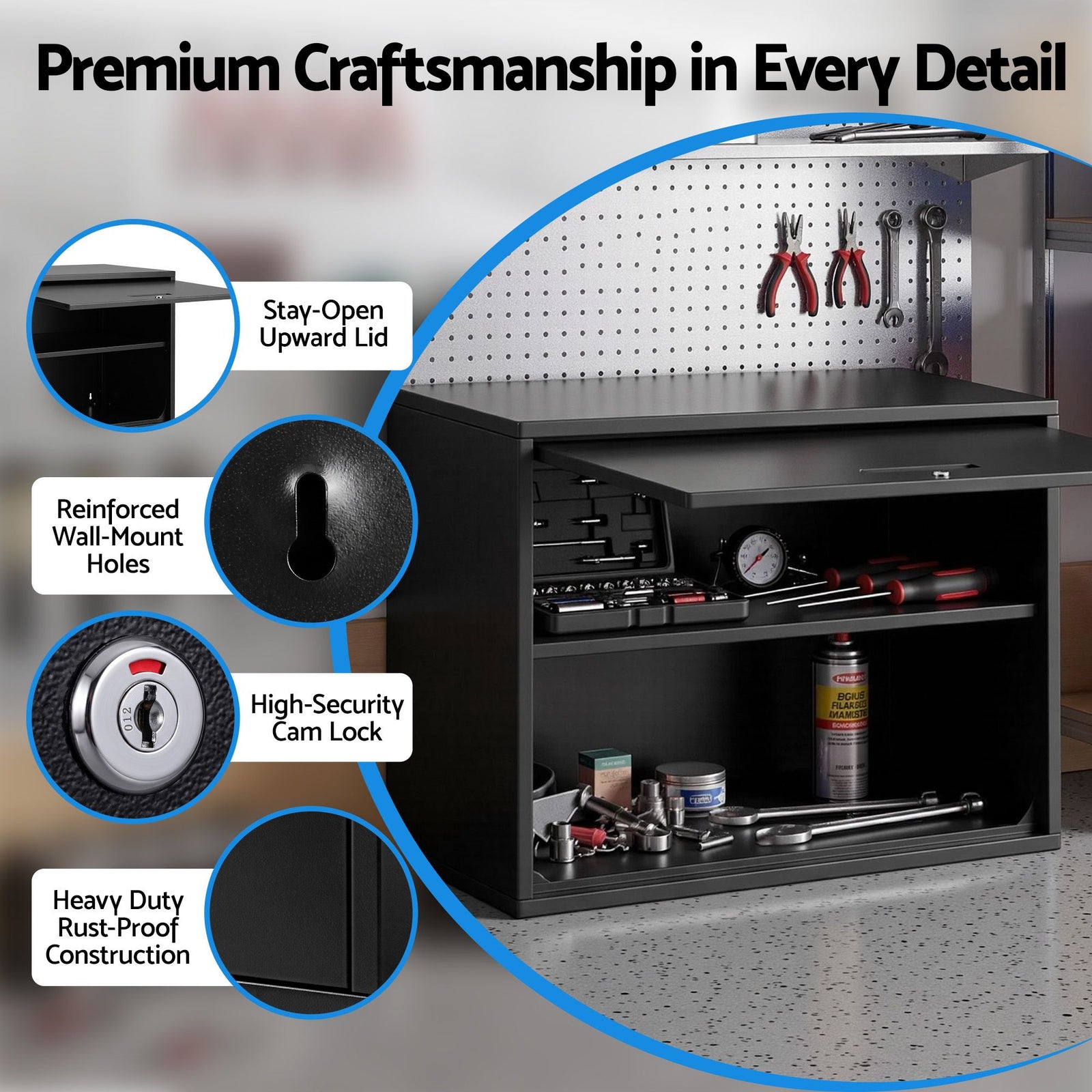 Giantz Wall Mount Steel Tool Cabinet Garage Storage Box Lockable Overhead Shelf Black