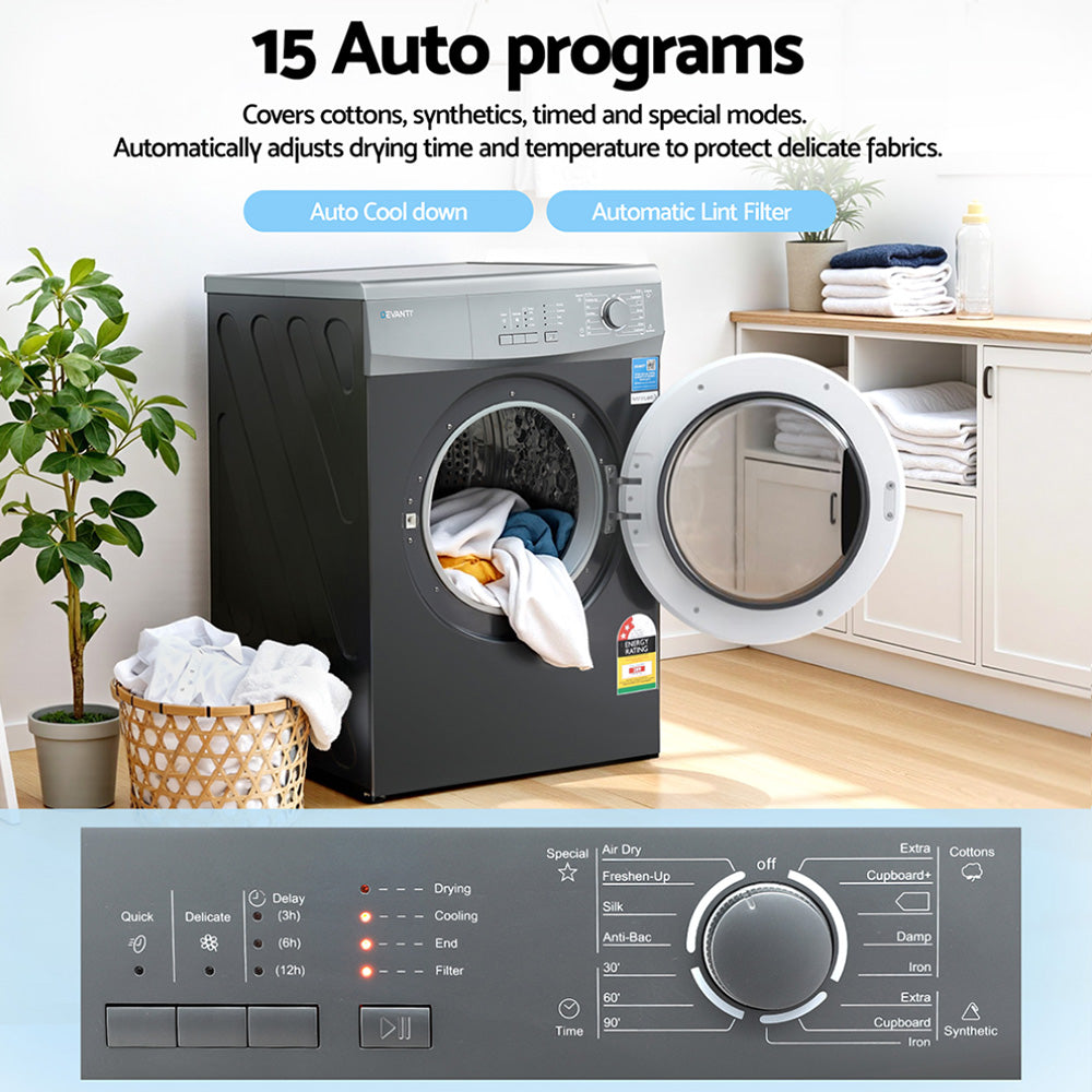 Devanti 7kg Tumble Dryer Vented 15 Auto Programs - Grey