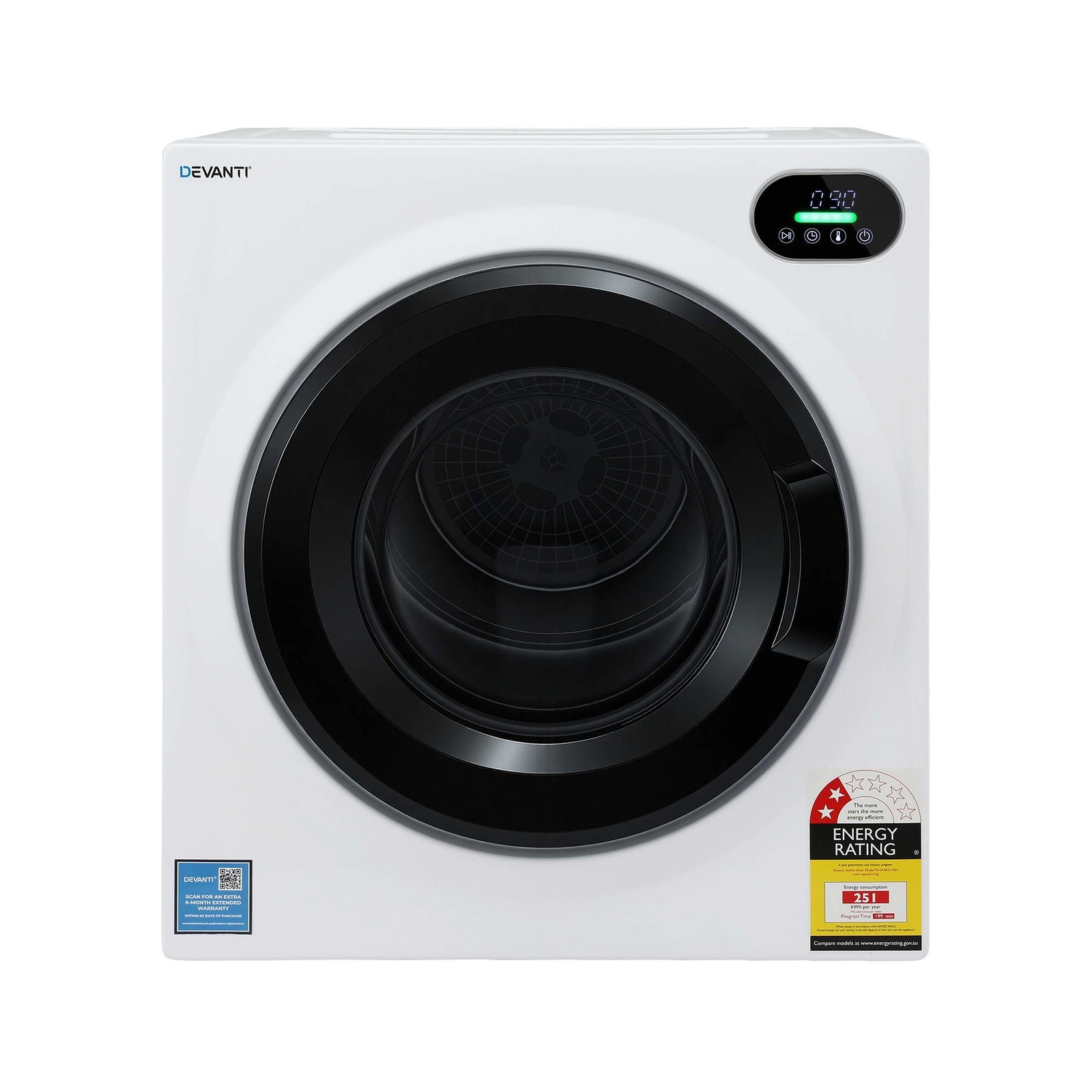 Devanti 6kg Tumble Dryer, Intelligent Touch Screen Clothes Dryer with 4 Drying Modes Stainless Steel Drum, 54x60x67.5cm