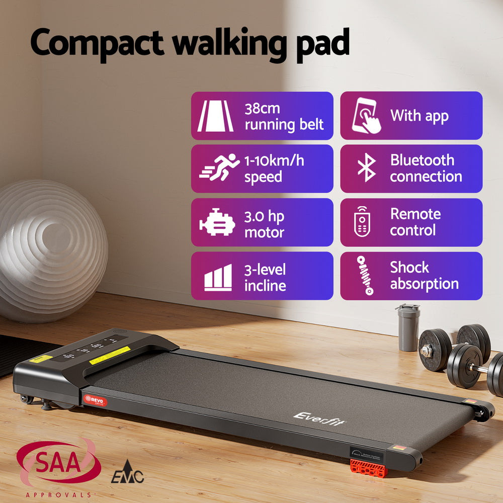 Everfit Treadmill Electric Walking Pad Incline Under Desk Home Gym 380mm Black