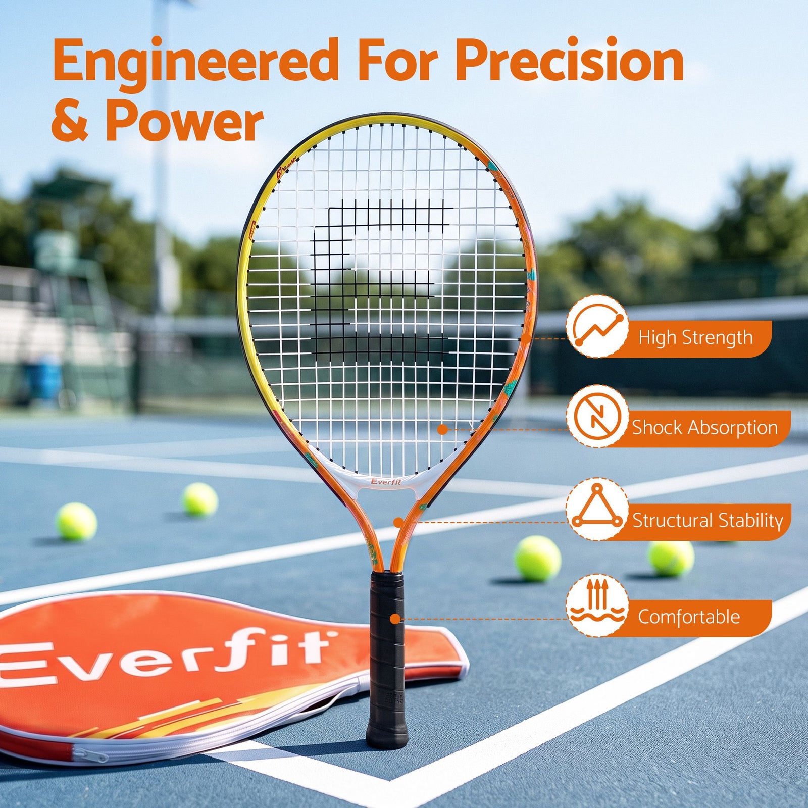 Everfit 23 Inch Tennis Racket Lightweight 200g for Adult and Junior Players Orange
