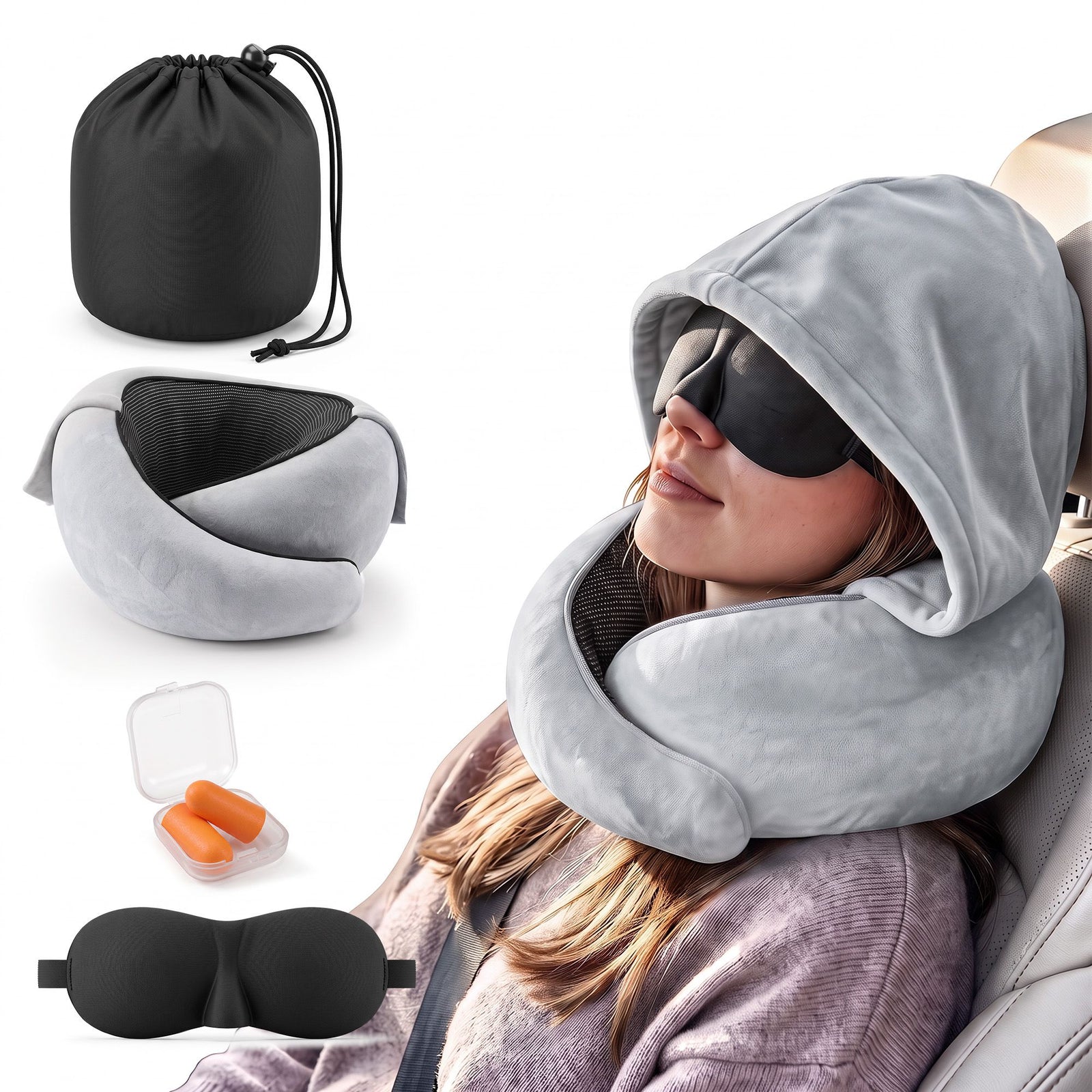 Wanderlite Hooded Travel Neck Pillow for Airplane Memory Foam with Eye Mask Earplugs, Light Grey