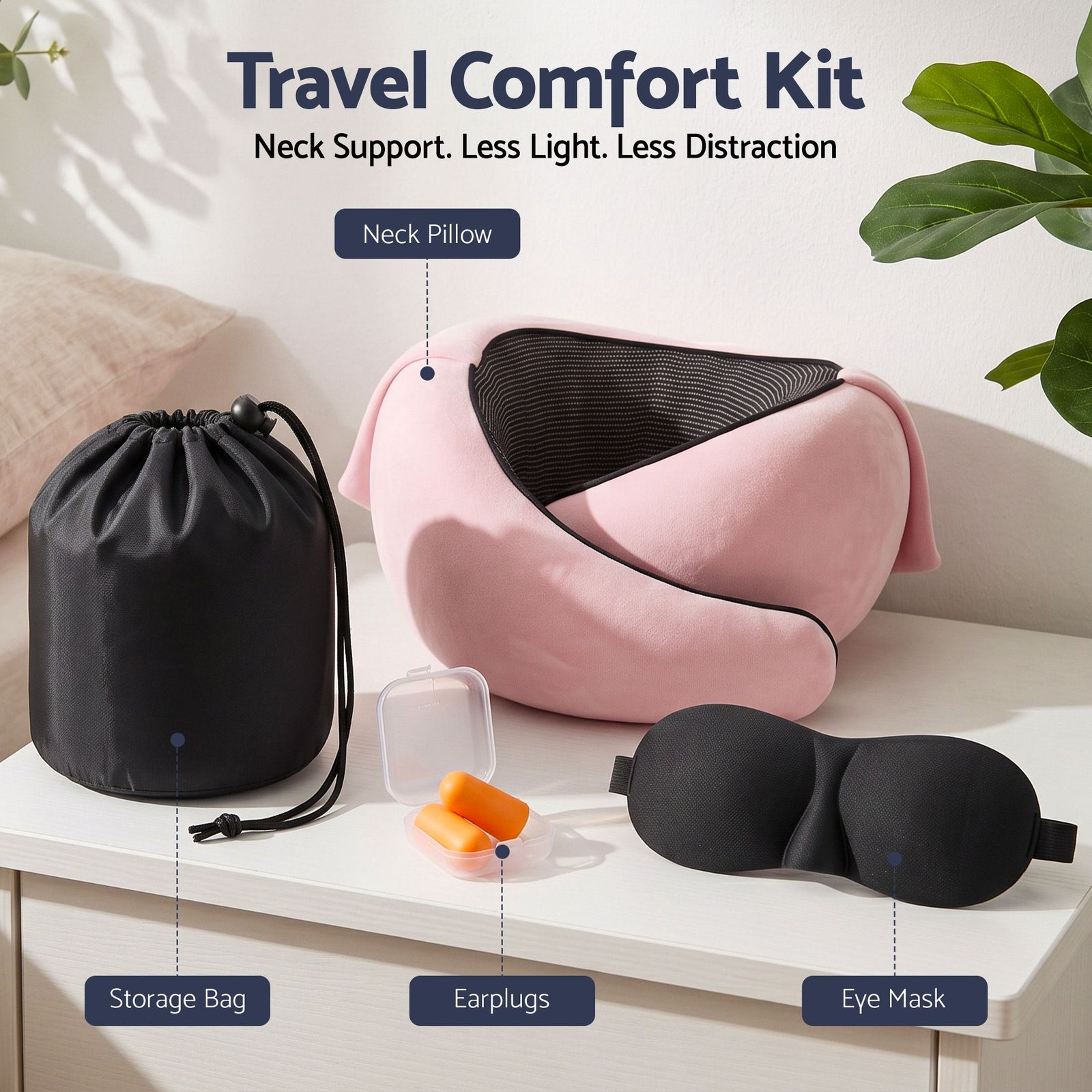 Wanderlite Hooded Travel Neck Pillow for Airplane Memory Foam with Eye Mask Earplugs, Pink