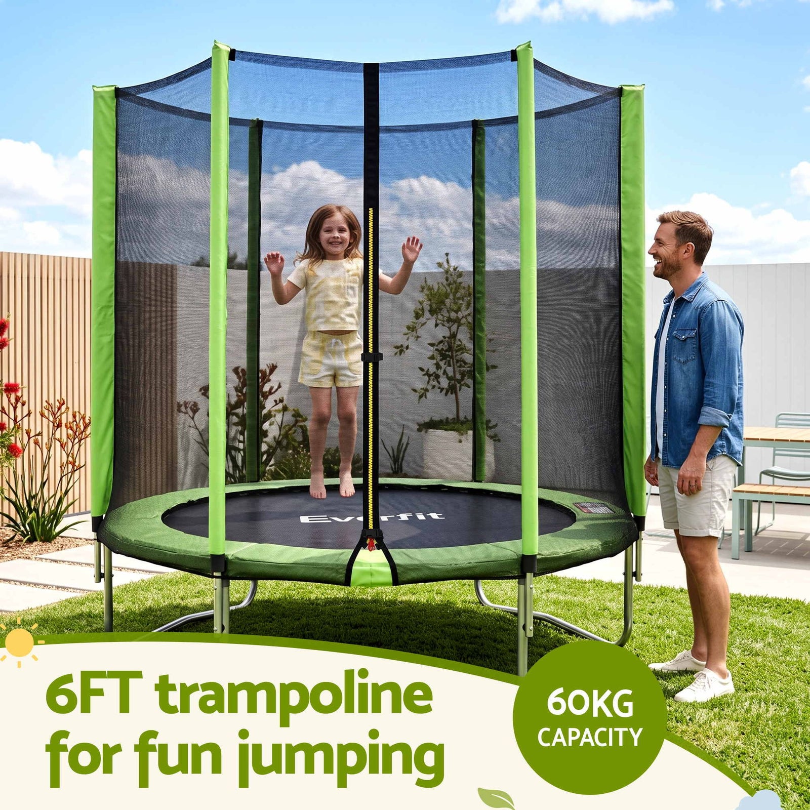 Everfit 6FT Kids Trampoline Round Rebounder with Enclosure Net Green