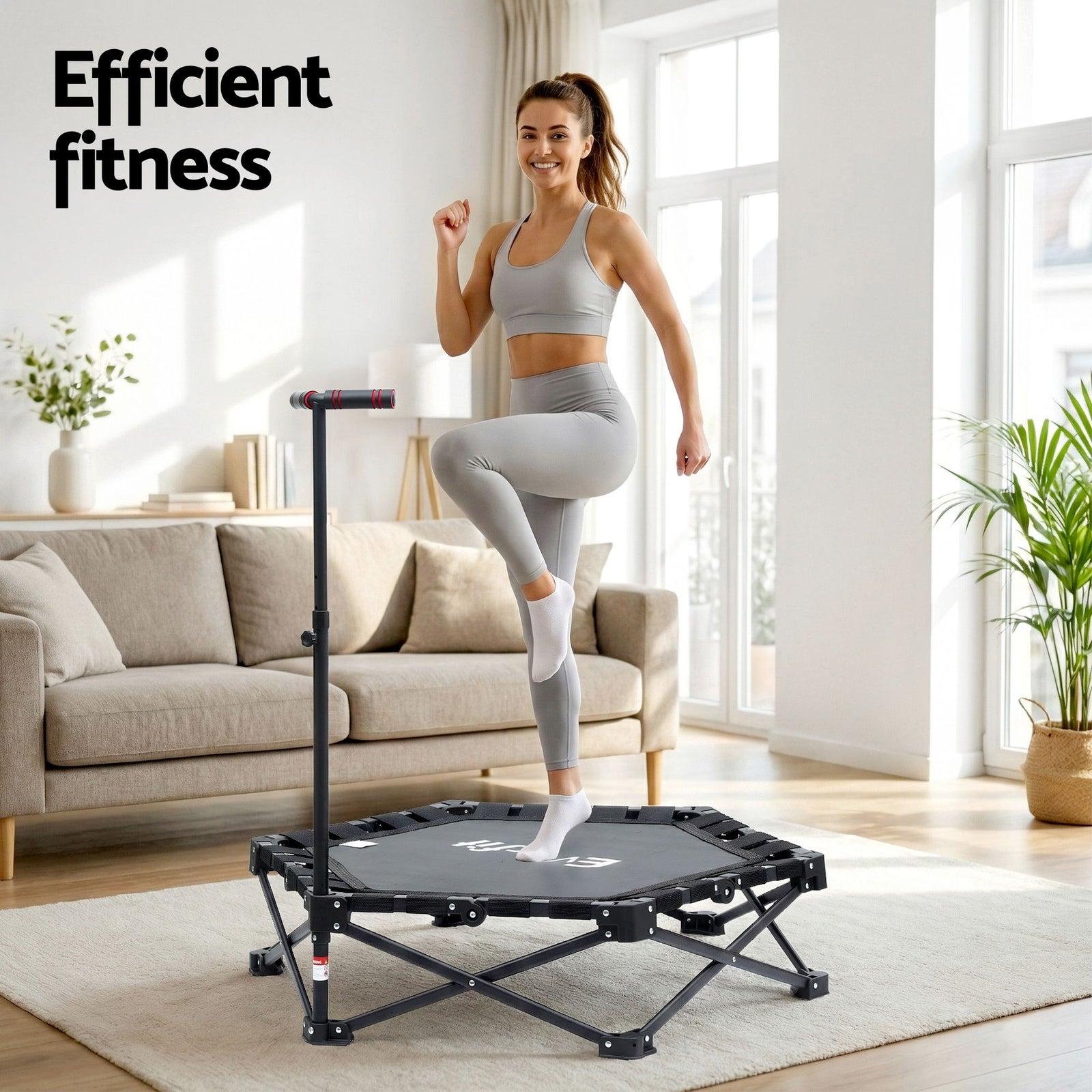 Everfit Fitness Foldable Trampoline Rebounder Adjustable Handle Indoor Exercise Black