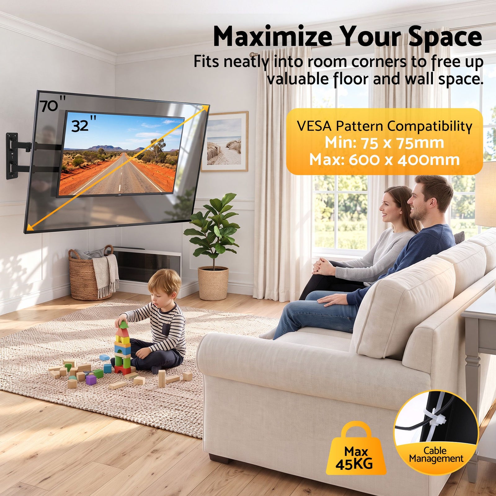 Artiss Corner TV Wall Mount Long Arm Full Motion 32-70 Inch Swivel VESA 600x400
