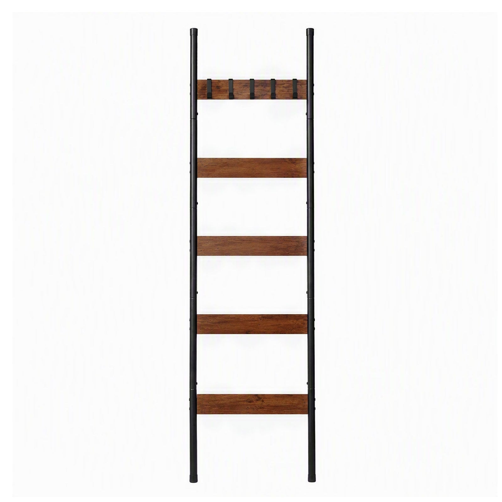 Devanti 5-Tier Blanket Ladder with Anti-Tip Kit, Towel Rack for Bathroom, Quilt Rack with 5 Hooks for Clothes and Bags, Black Metal and Rustic Wood Leaning Ladder Shelf, 44x160cm