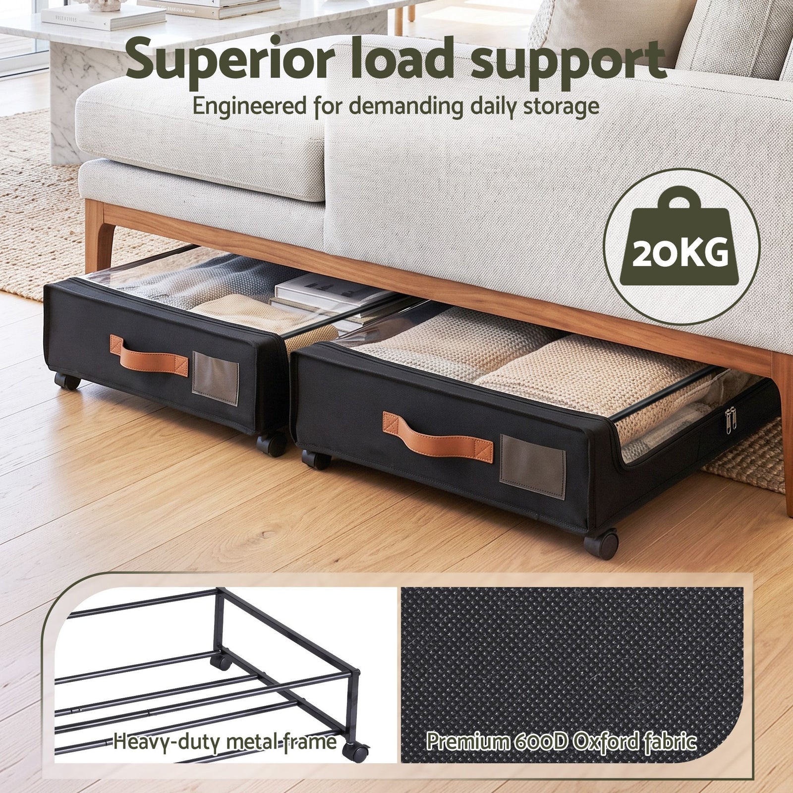Artiss 4X Under Bed Storage Containers 48L Clothes Organiser Wheels Oxford Black