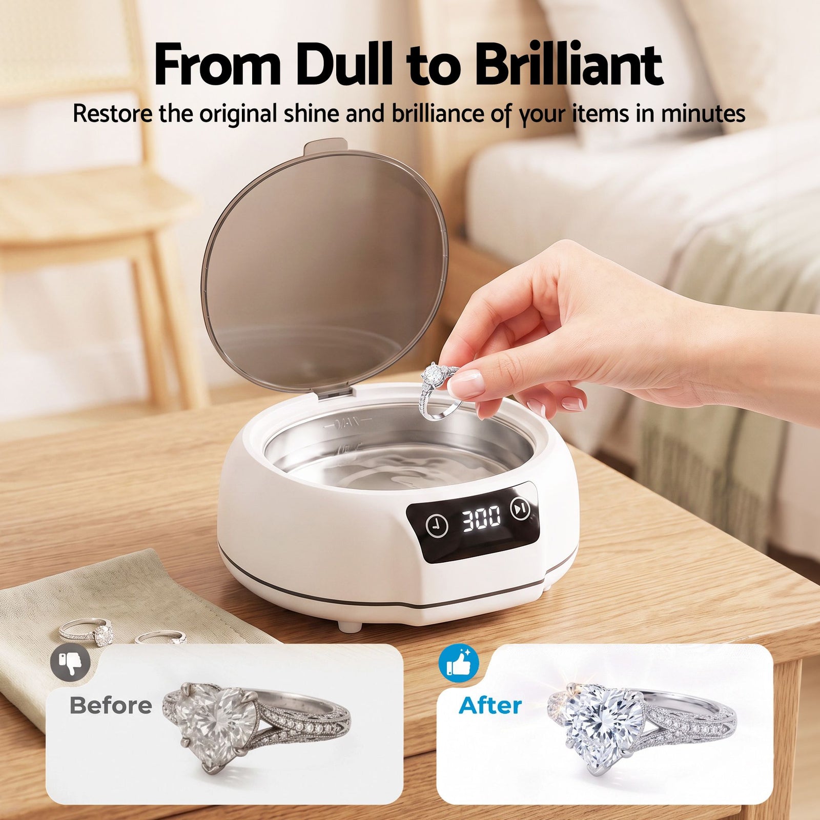 Devanti Ultrasonic Cleaner 700mL 48kHz Jewellery Cleaning Machine with Stainless Steel Tank White