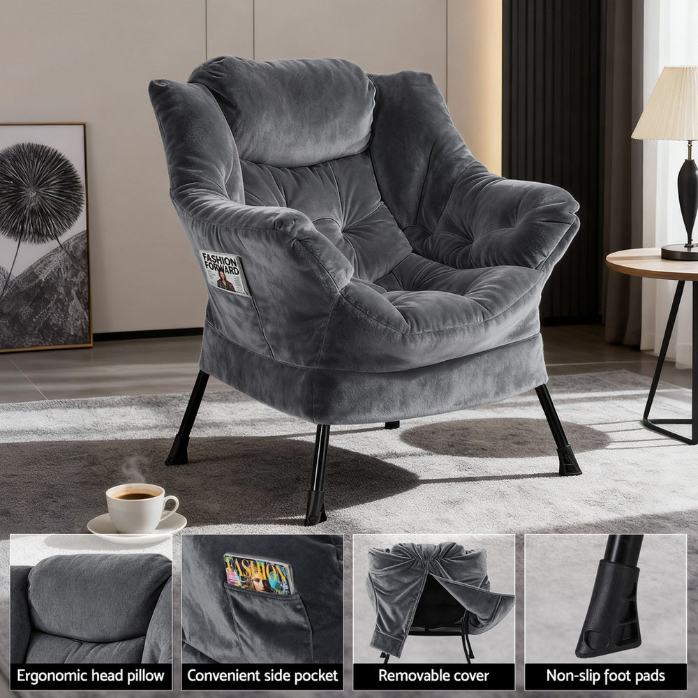 Artiss Armchair Accent Chair Ottoman Lounge Footrest Velvet Grey
