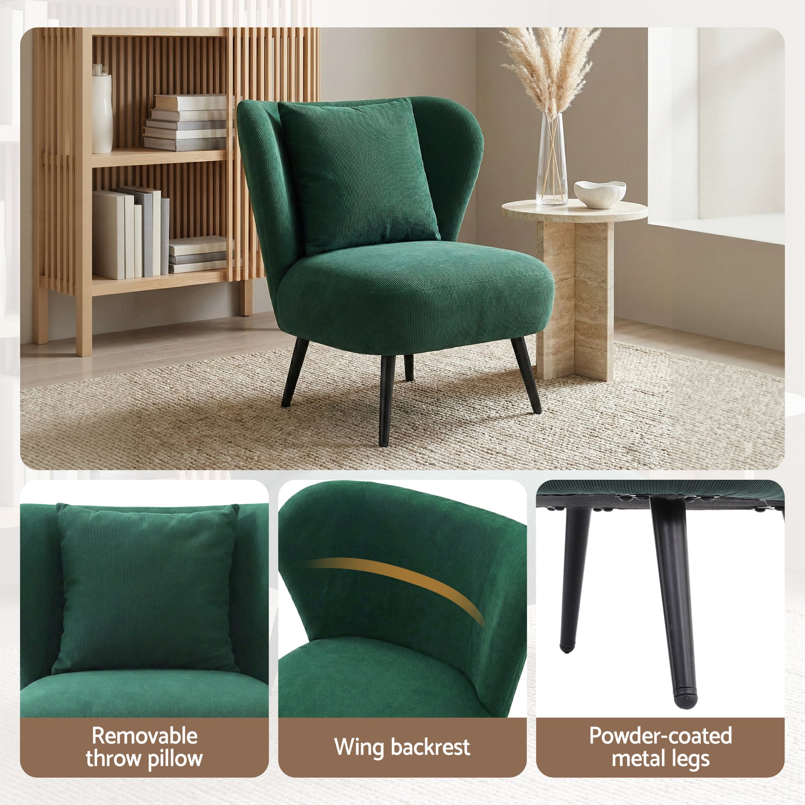 Artiss Armchair Accent Chair Lounge Tub Sofa Couch Corduroy Velvet Green