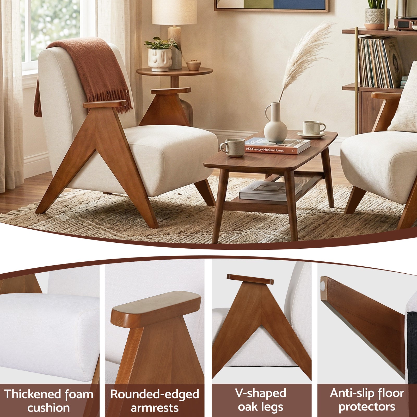 Artiss Armchair Accent Chair Sturdy Upholstered Solid Wood Chenille Fabric White