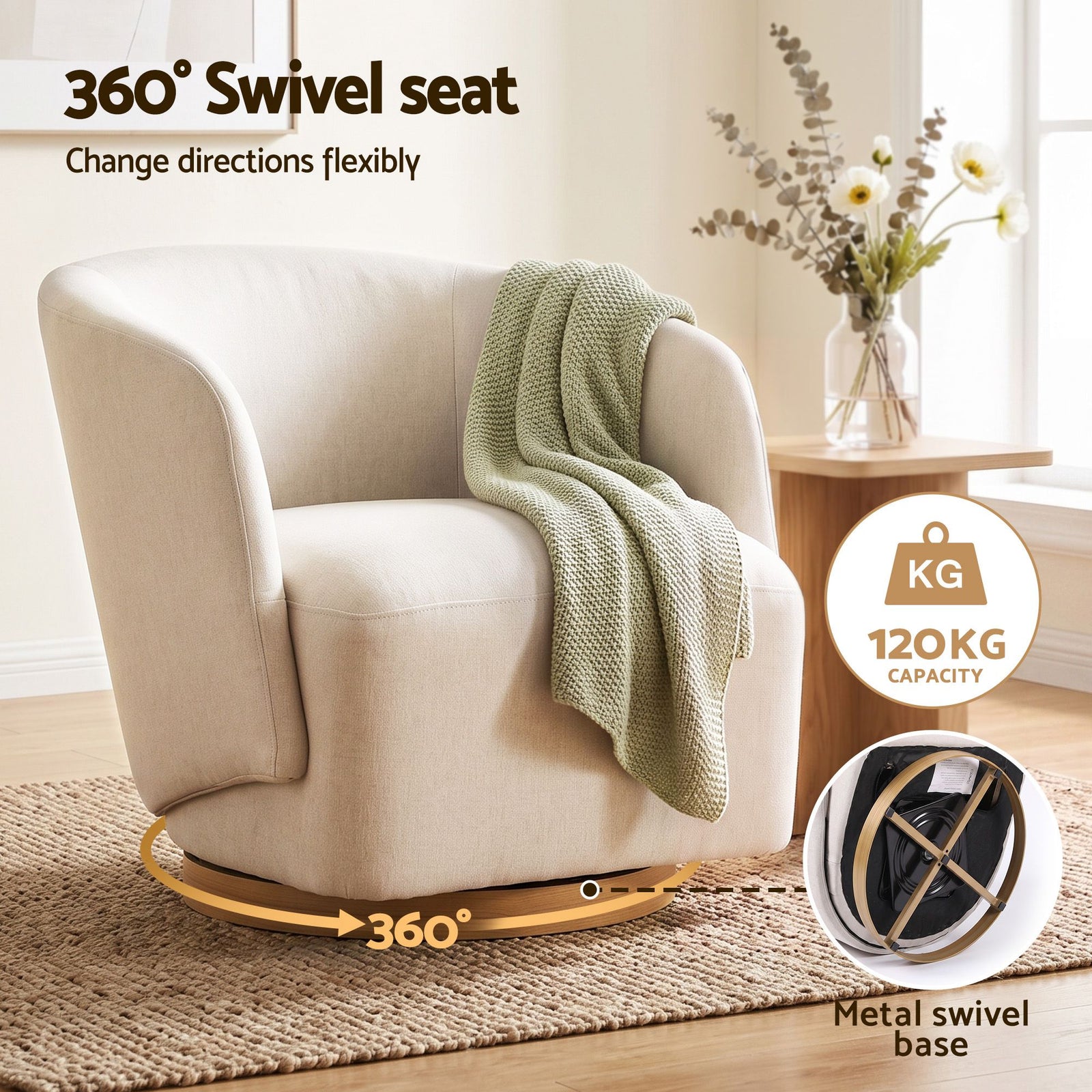 Artiss Swivel Armchair 360° Curved Accent Chair Linen Fabric Beige
