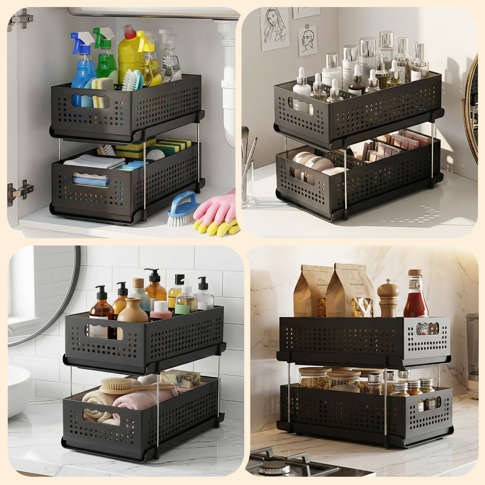 Artiss Under Sink Organizer 2 Tier Pull Out Drawer with Removable Baskets & Divider