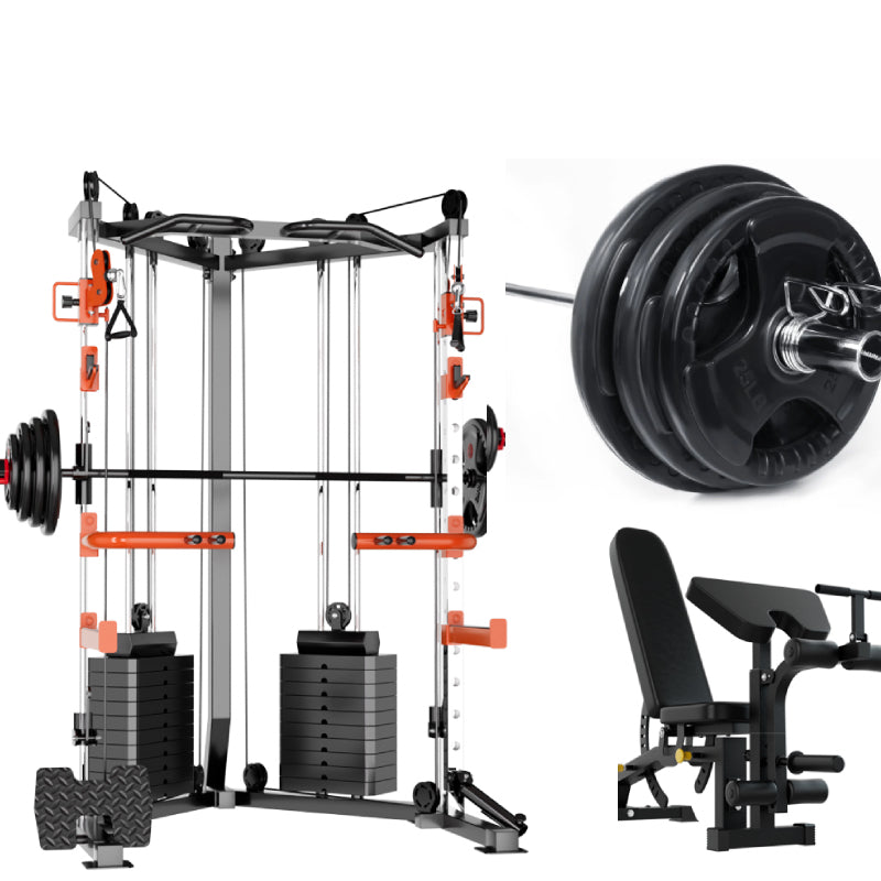 SmartFit C1 Max Multi Functional Cable Crossover Station 140kgs Pin Loaded Machine + Multi Func Bench+7Ft Olympic Barbell + 100kgs Weights