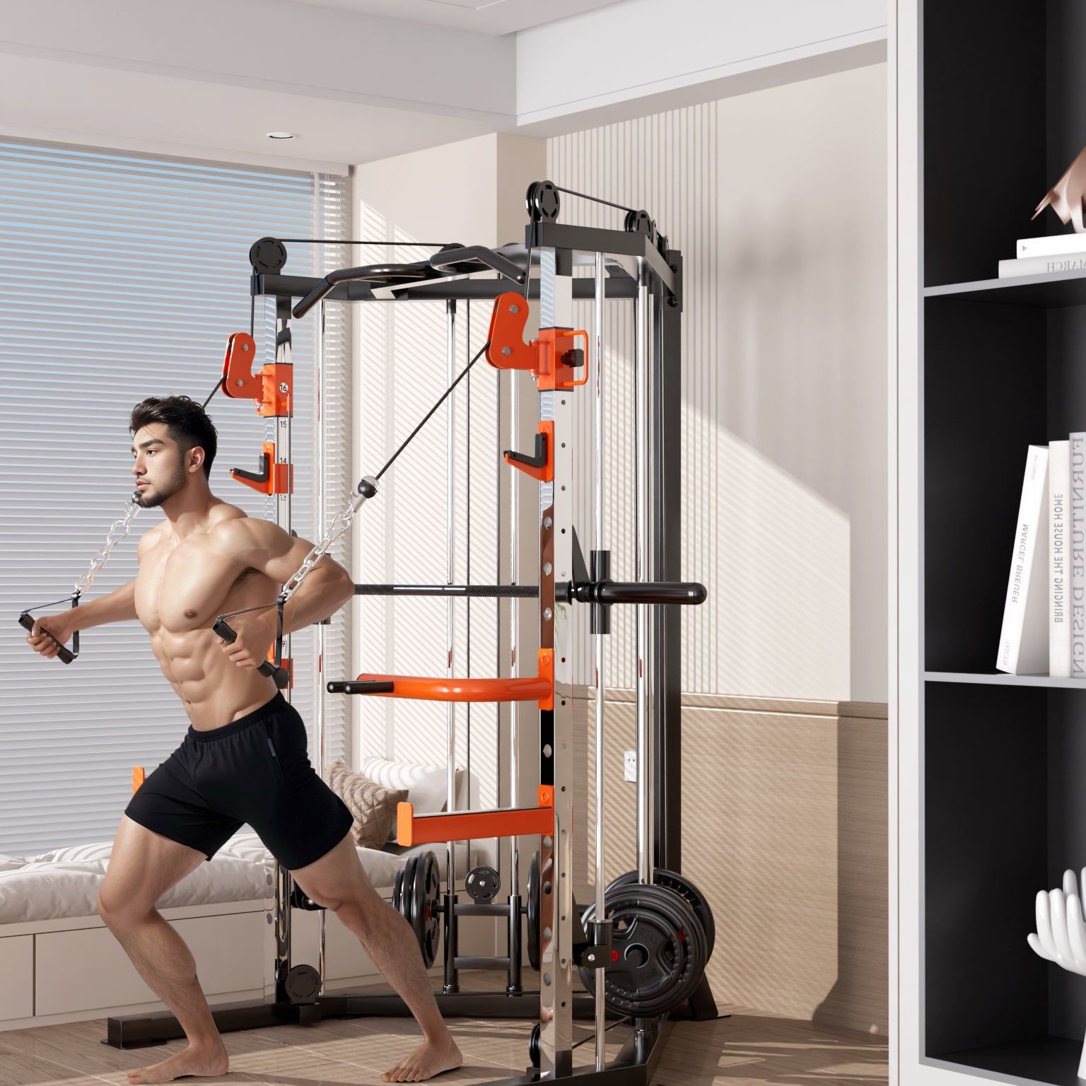 SmartFit C1 Max Multi Functional Cable Crossover Station 130kgs Pin Loaded Machine + Multi Func Bench+7Ft Olympic Barbell + 100kgs Weights