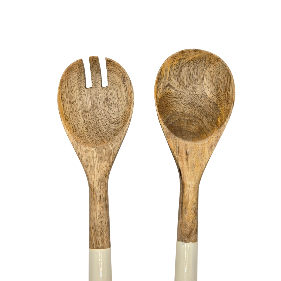Handcrafted Mango Wood & Enamel Salad Server Set - Sustainable Serving Utensils