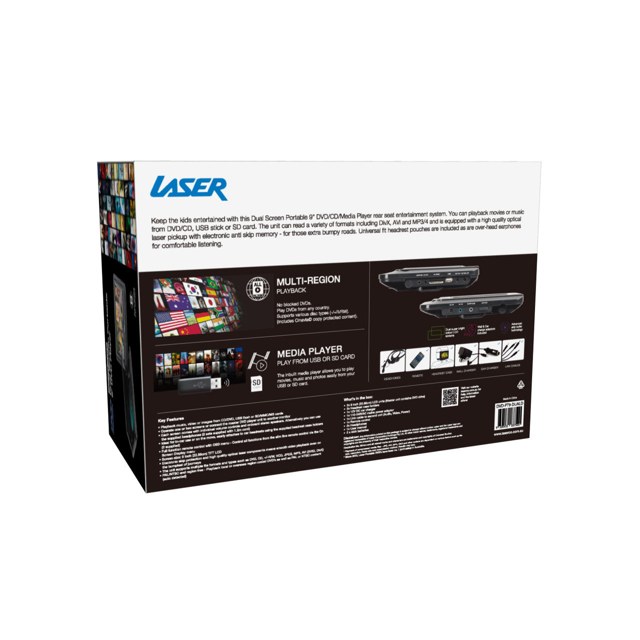 Laser 9 Inch Dual Screen DVD Player Black