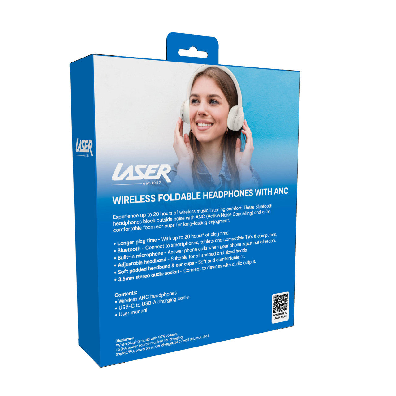 Laser ANC Bluetooth Headphones 20hr Battery - White