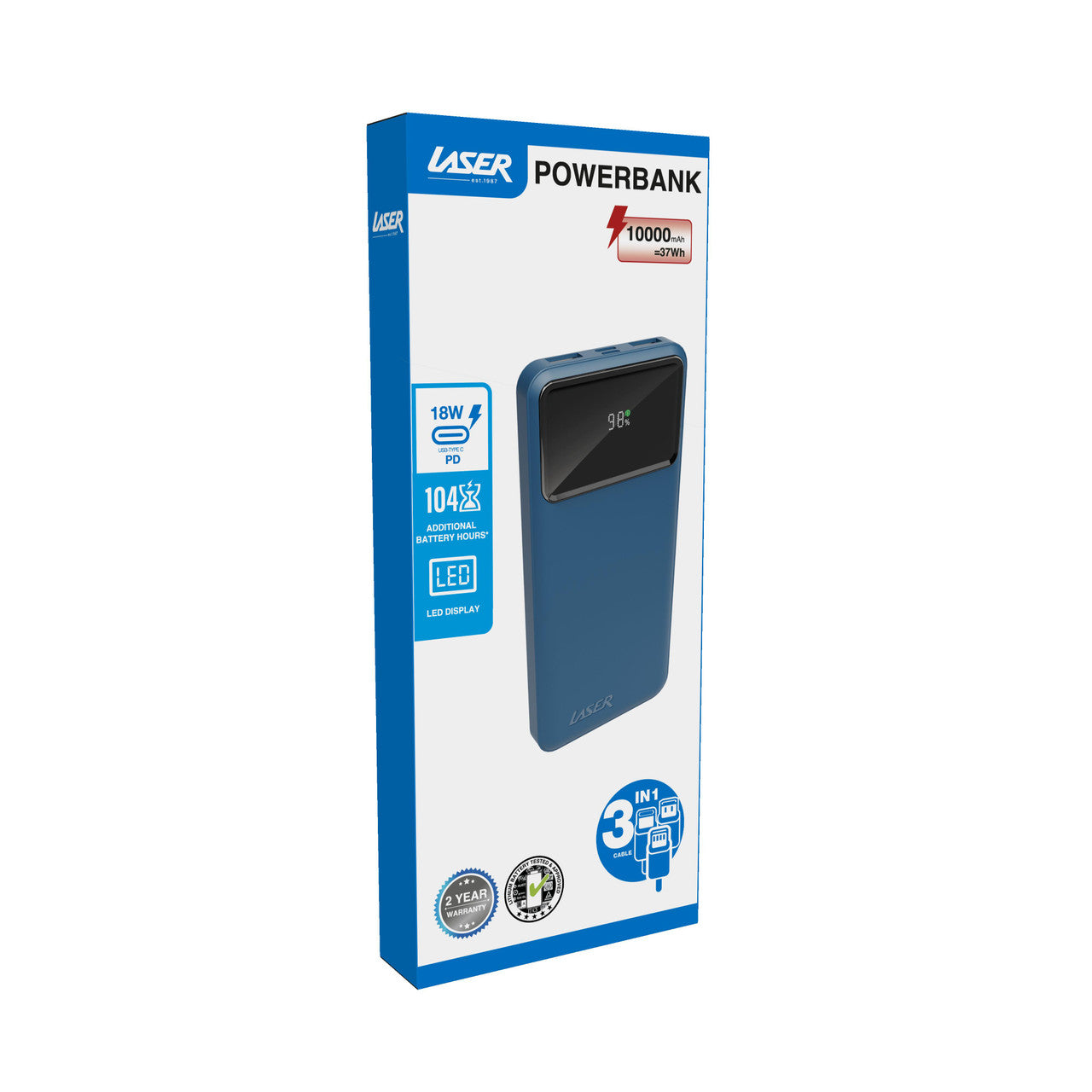 Laser 10000mAh Powerbank 18W PD with LED Navy