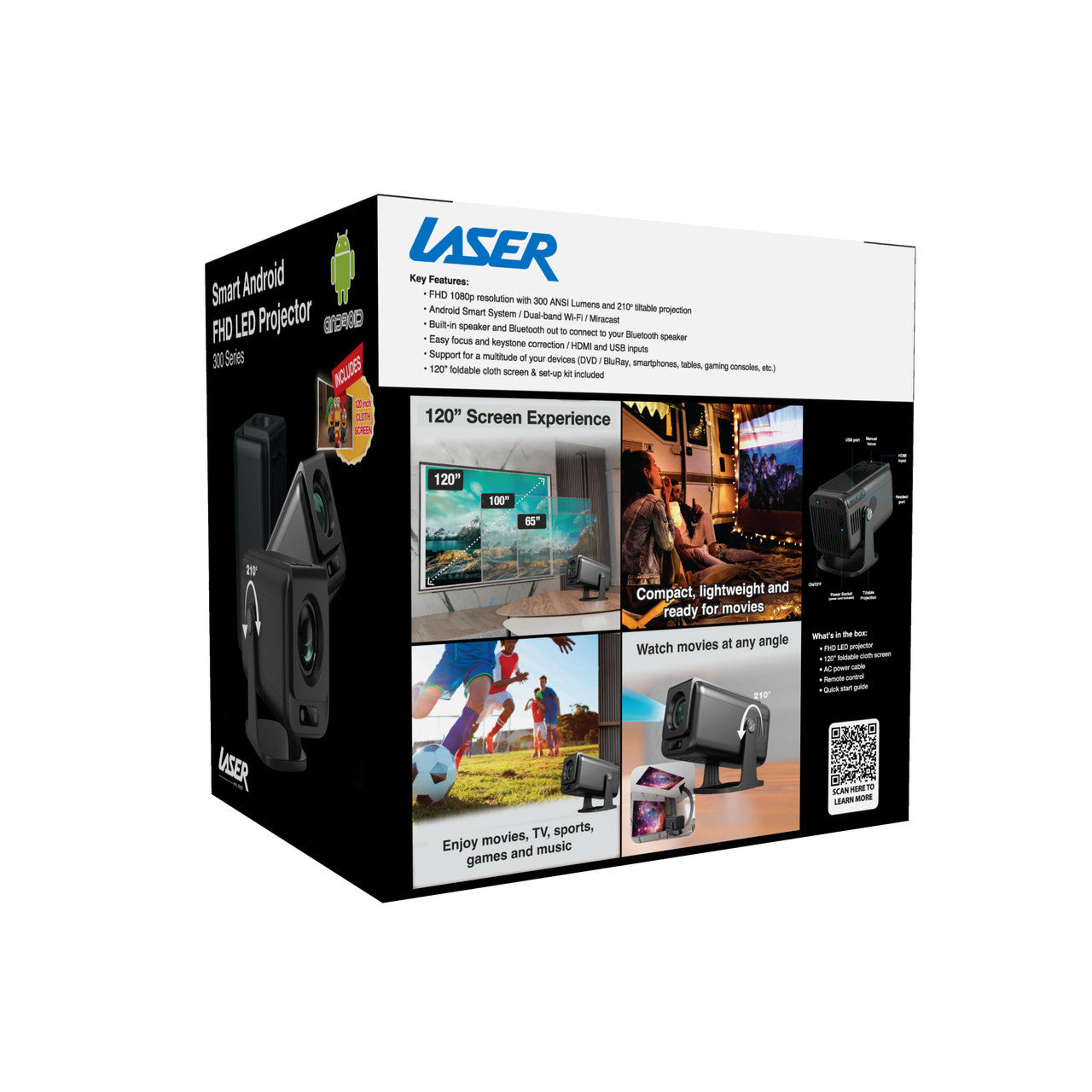 Laser 1080p Android Multi-Angle LED Projector Black