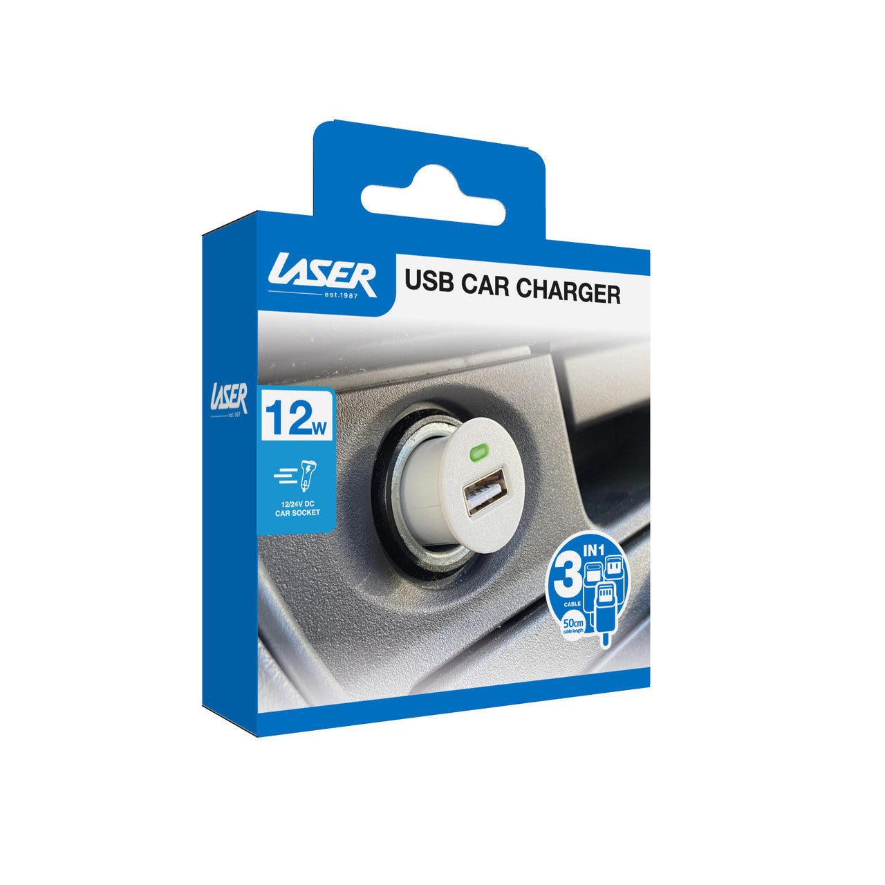 Laser USB Car Charger with 3-in-1 Cable White