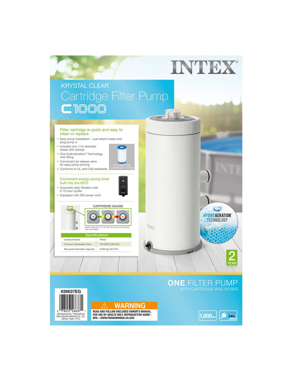 Intex C1000 Cartridge Filter Pump W/ GFCI 3785/h 26638 New Model for 2025