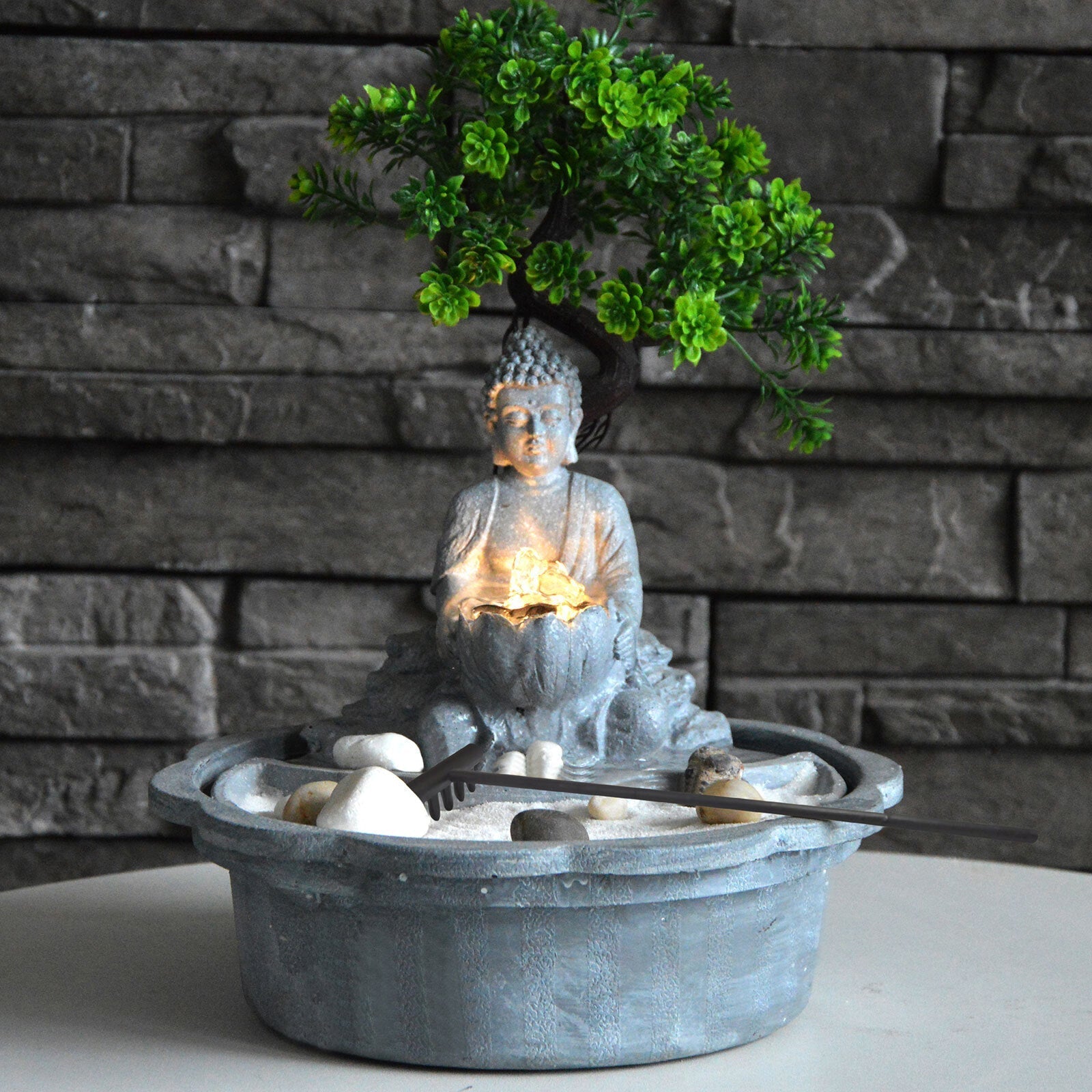 Samland JAPANESE MINIATURE ZEN BONSAI GARDEN WITH BUDDHA WATER FOUNTAIN